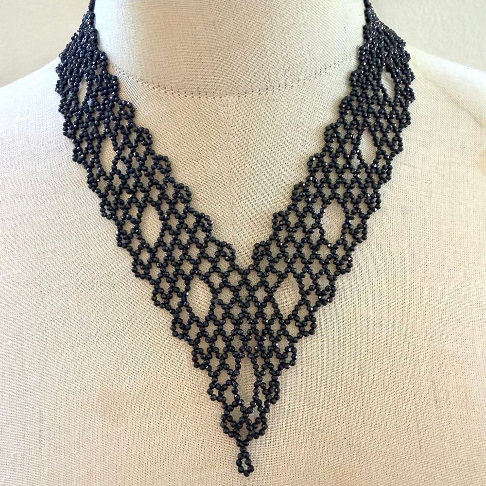MGI Sterling Silver Black Spinel Beaded Bib Necklace Statement Lace Collar
